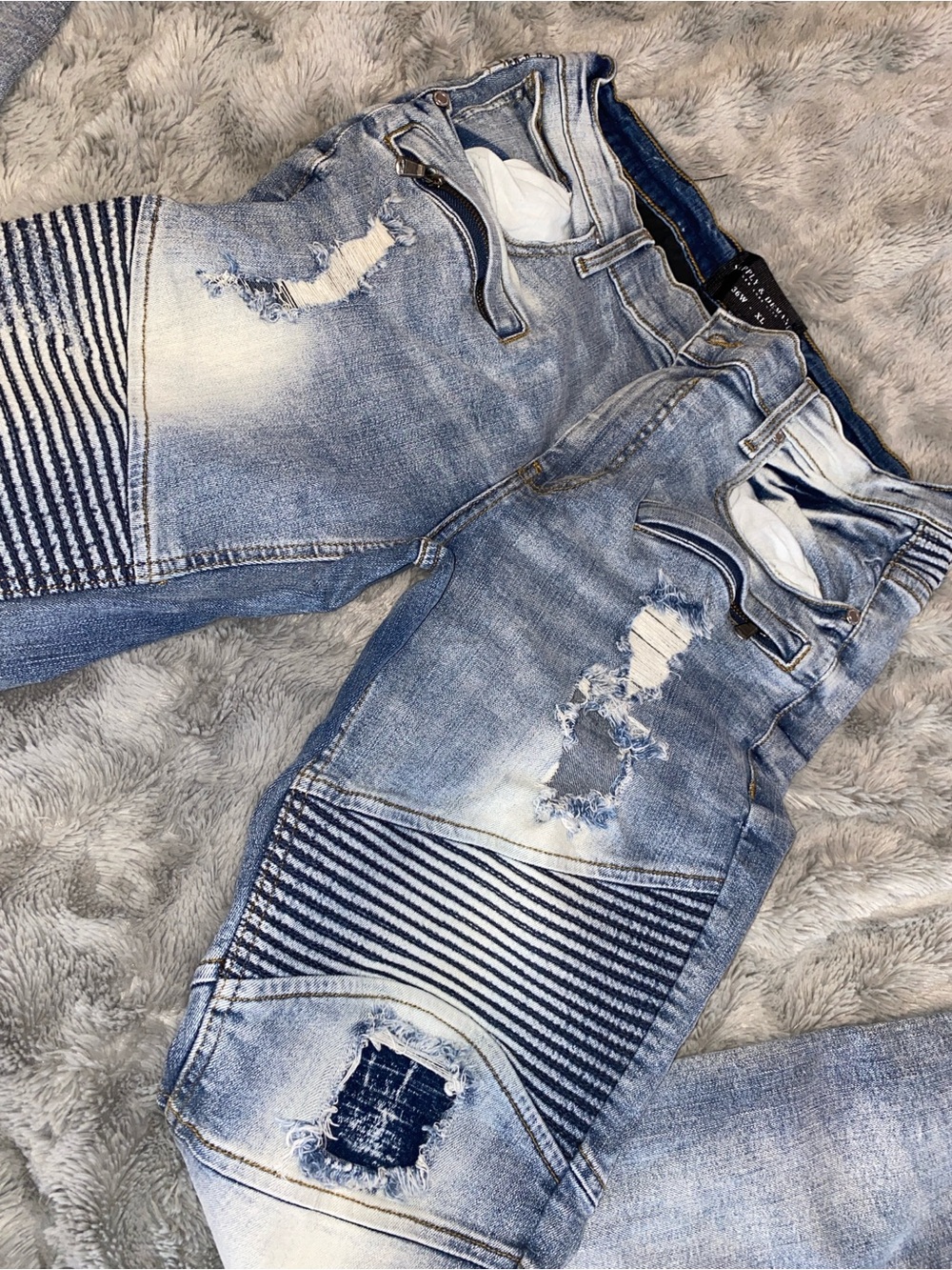 Men's Distressed Light Blue Denim Moto Jeans